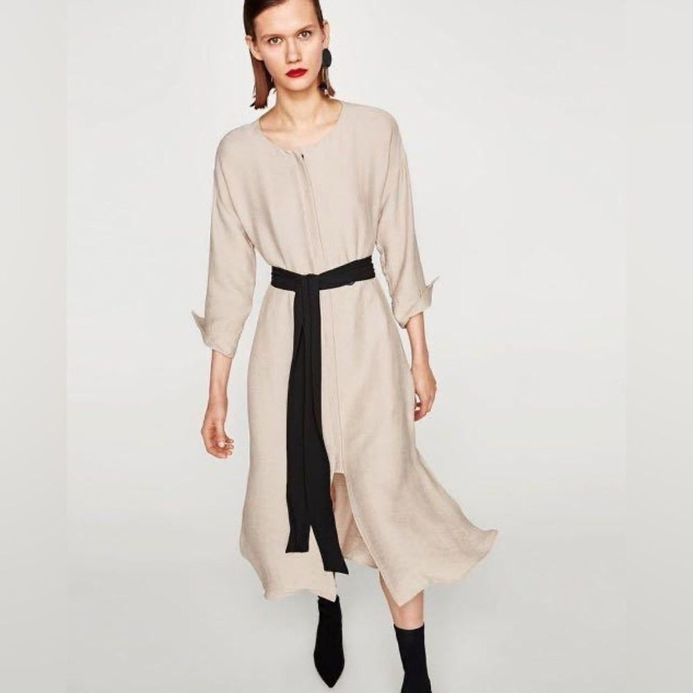 Zara Beige Midi Dress with Black Tie Belt